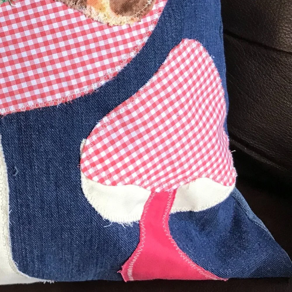 Mushroom Pillow Cover Handmade 18 x18 Whimsical Fungi Cottagecore Recycled Denim - Picture 5 of 9